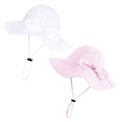 Baby Girl Sun Hat with UPF 50+ Outdoor Adjustable Beach Hat with Wide Brim Bucket Hats (0-6 Months, White & Pink-Stripe 2pcs)