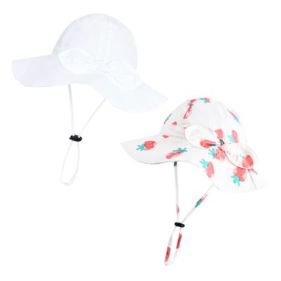 Baby Girl Sun Hat with UPF 50+ Outdoor Adjustable Beach Hat with Wide Brim Bucket Hats (12-24 Months,White & Strawberry Printing 2pcs)