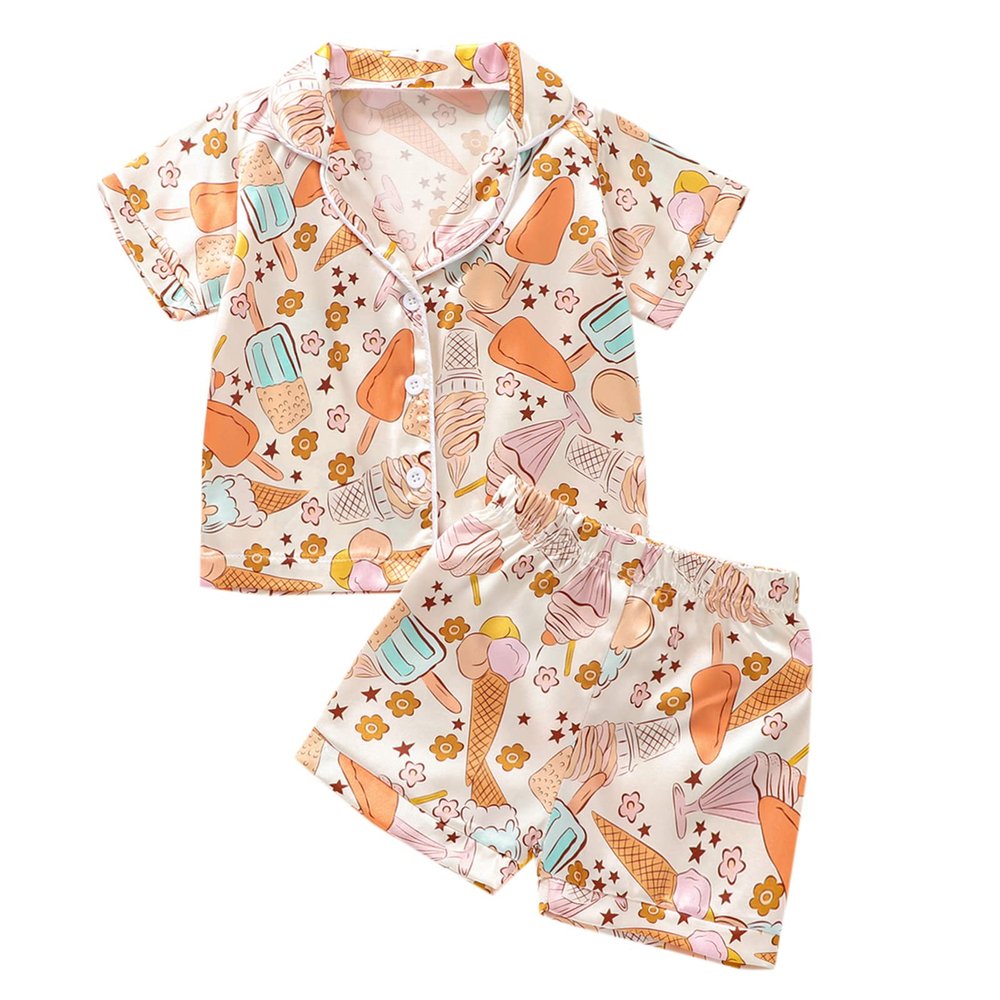 Qiylii 1-6Y Toddler Girls Ice Cream Silk Pajamas Short Sleeve Button-Up Top Shorts Summer 2PC Floral Satin Pajamas Set (Ice Cream, 9T)