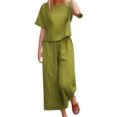 2 Piece Linen Set for Women Summer Outfits Casual Two Piece Pants Sets Loose Crop Linen Tops Wide Leg Capris Comfy Lounge Set