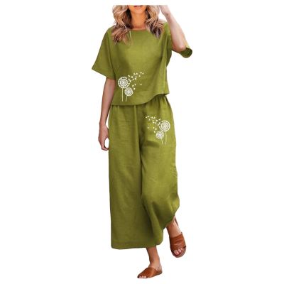 2 Piece Linen Set for Women Summer Outfits Casual Two Piece Pants Sets Loose Crop Linen Tops Wide Leg Capris Comfy Lounge Set