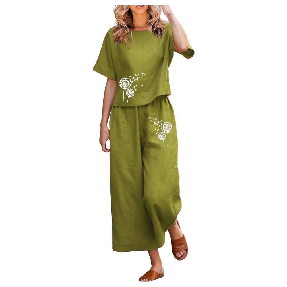 2 Piece Linen Set for Women Summer Outfits Casual Two Piece Pants Sets Loose Crop Linen Tops Wide Leg Capris Comfy Lounge Set
