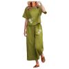 2 Piece Linen Set for Women Summer Outfits Casual Two Piece Pants Sets Loose Crop Linen Tops Wide Leg Capris Comfy Lounge Set view 1