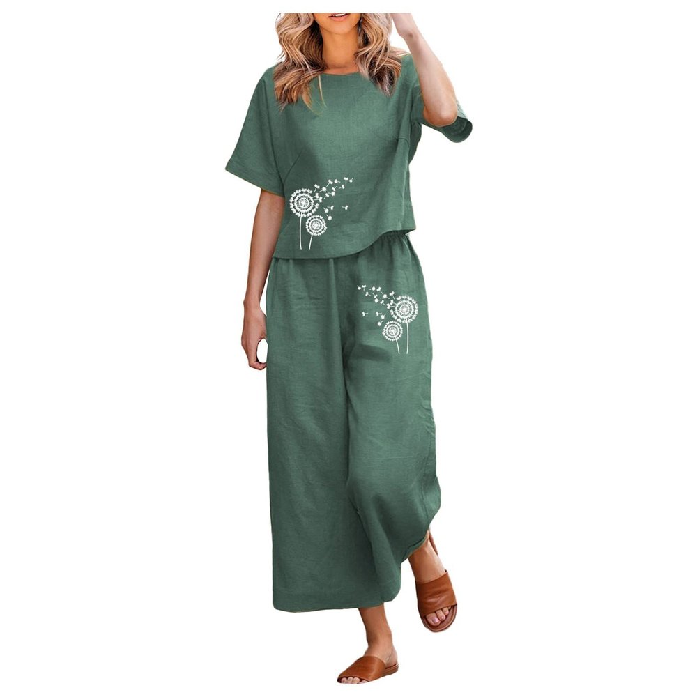 2 Piece Linen Set for Women Summer Outfits Casual Two Piece Pants Sets Loose Crop Linen Tops Wide Leg Capris Comfy Lounge Set C-Green