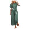 2 Piece Linen Set for Women Summer Outfits Casual Two Piece Pants Sets Loose Crop Linen Tops Wide Leg Capris Comfy Lounge Set C-Green view 1