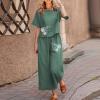 2 Piece Linen Set for Women Summer Outfits Casual Two Piece Pants Sets Loose Crop Linen Tops Wide Leg Capris Comfy Lounge Set C-Green view 2
