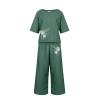 2 Piece Linen Set for Women Summer Outfits Casual Two Piece Pants Sets Loose Crop Linen Tops Wide Leg Capris Comfy Lounge Set C-Green view 3