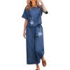 2 Piece Linen Set for Women Summer Outfits Casual Two Piece Pants Sets Loose Crop Linen Tops Wide Leg Capris Comfy Lounge Set D-Navy view 1