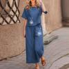2 Piece Linen Set for Women Summer Outfits Casual Two Piece Pants Sets Loose Crop Linen Tops Wide Leg Capris Comfy Lounge Set D-Navy view 2