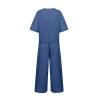 2 Piece Linen Set for Women Summer Outfits Casual Two Piece Pants Sets Loose Crop Linen Tops Wide Leg Capris Comfy Lounge Set D-Navy view 4