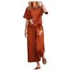 2 Piece Linen Set for Women Summer Outfits Casual Two Piece Pants Sets Loose Crop Linen Tops Wide Leg Capris Comfy Lounge Set C-Orange view 1