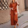 2 Piece Linen Set for Women Summer Outfits Casual Two Piece Pants Sets Loose Crop Linen Tops Wide Leg Capris Comfy Lounge Set C-Orange view 2