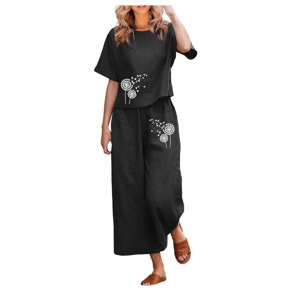 2 Piece Linen Set for Women Summer Outfits Casual Two Piece Pants Sets Loose Crop Linen Tops Wide Leg Capris Comfy Lounge Set C-Black