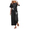 2 Piece Linen Set for Women Summer Outfits Casual Two Piece Pants Sets Loose Crop Linen Tops Wide Leg Capris Comfy Lounge Set C-Black view 1