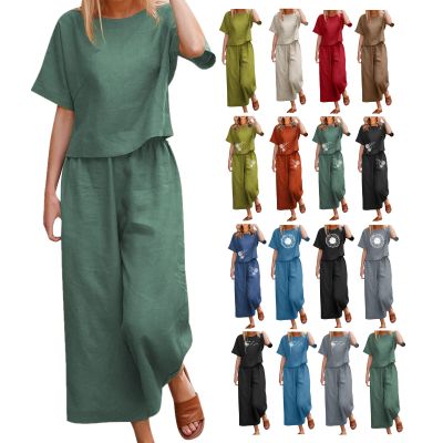 2 Piece Linen Set for Women Summer Outfits Casual Two Piece Pants Sets Loose Crop Linen Tops Wide Leg Capris Comfy Lounge Set A-Green