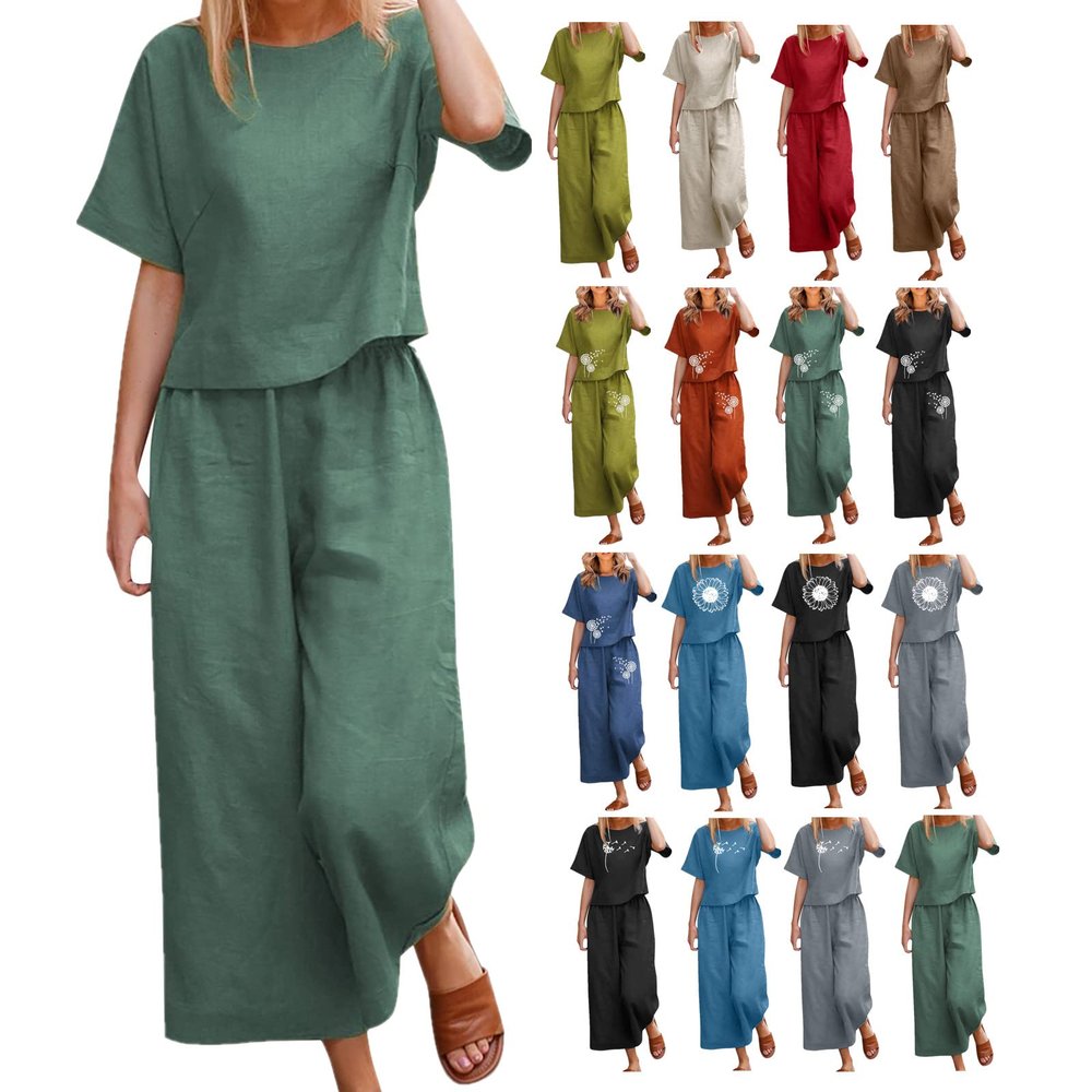 2 Piece Linen Set for Women Summer Outfits Casual Two Piece Pants Sets Loose Crop Linen Tops Wide Leg Capris Comfy Lounge Set A-Green