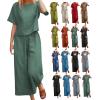 2 Piece Linen Set for Women Summer Outfits Casual Two Piece Pants Sets Loose Crop Linen Tops Wide Leg Capris Comfy Lounge Set A-Green view 1
