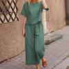2 Piece Linen Set for Women Summer Outfits Casual Two Piece Pants Sets Loose Crop Linen Tops Wide Leg Capris Comfy Lounge Set A-Green view 3