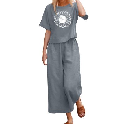 2 Piece Linen Set for Women Summer Outfits Casual Two Piece Pants Sets Loose Crop Linen Tops Wide Leg Capris Comfy Lounge Set