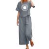 2 Piece Linen Set for Women Summer Outfits Casual Two Piece Pants Sets Loose Crop Linen Tops Wide Leg Capris Comfy Lounge Set view 1