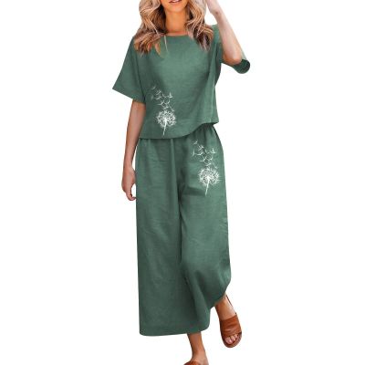 2 Piece Linen Set for Women Summer Outfits Casual Two Piece Pants Sets Loose Crop Linen Tops Wide Leg Capris Comfy Lounge Set D-Green