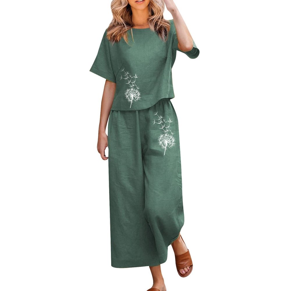 2 Piece Linen Set for Women Summer Outfits Casual Two Piece Pants Sets Loose Crop Linen Tops Wide Leg Capris Comfy Lounge Set D-Green