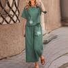 2 Piece Linen Set for Women Summer Outfits Casual Two Piece Pants Sets Loose Crop Linen Tops Wide Leg Capris Comfy Lounge Set D-Green view 2