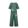 2 Piece Linen Set for Women Summer Outfits Casual Two Piece Pants Sets Loose Crop Linen Tops Wide Leg Capris Comfy Lounge Set D-Green view 3
