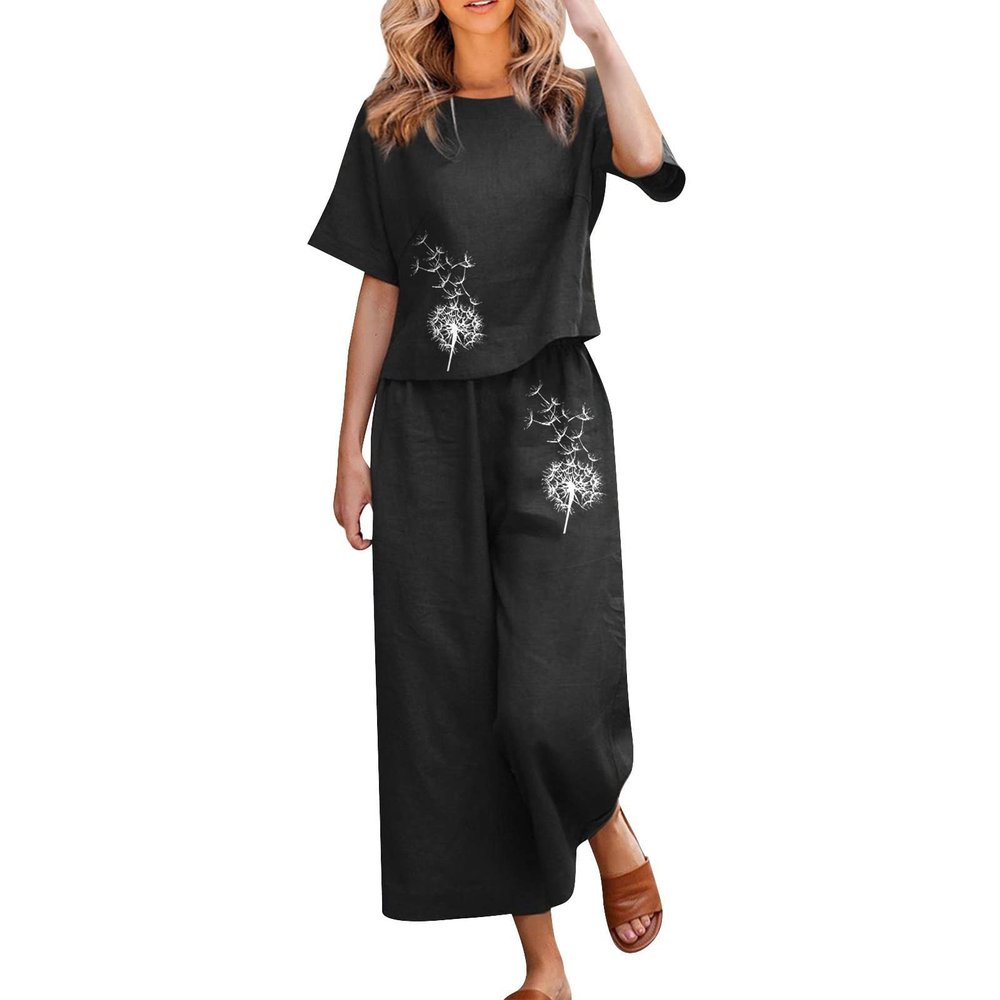 2 Piece Linen Set for Women Summer Outfits Casual Two Piece Pants Sets Loose Crop Linen Tops Wide Leg Capris Comfy Lounge Set D-Black