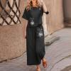 2 Piece Linen Set for Women Summer Outfits Casual Two Piece Pants Sets Loose Crop Linen Tops Wide Leg Capris Comfy Lounge Set D-Black view 2