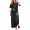 2 Piece Linen Set for Women Summer Outfits Casual Two Piece Pants Sets Loose Crop Linen Tops Wide Leg Capris Comfy Lounge Set D-Black view 1