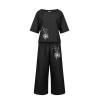 2 Piece Linen Set for Women Summer Outfits Casual Two Piece Pants Sets Loose Crop Linen Tops Wide Leg Capris Comfy Lounge Set D-Black view 3