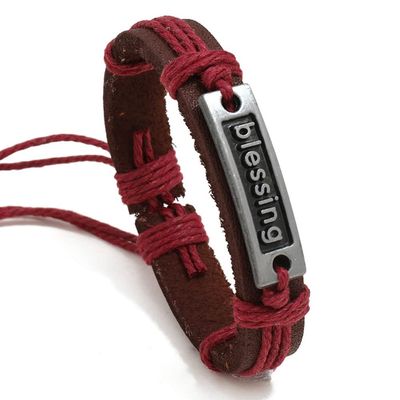 Gsoouas Retro hand-woven English letter blessing cowhide bracelet simple pull adjustment leather bracelet hand rope (Dark red-blessing)