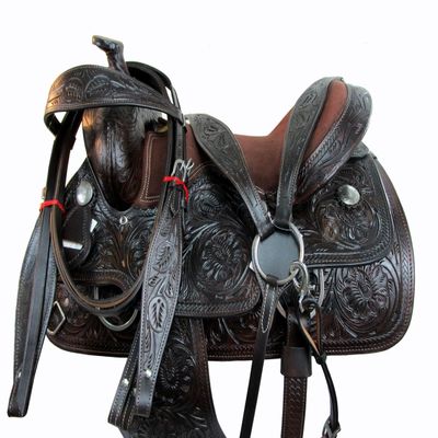Barrel Saddle Western Horse Pleasure Floral Tooled Leather Rodeo Tack Cowboy Set 15 16 17 18 (Fully Engraved, 15 Inches)