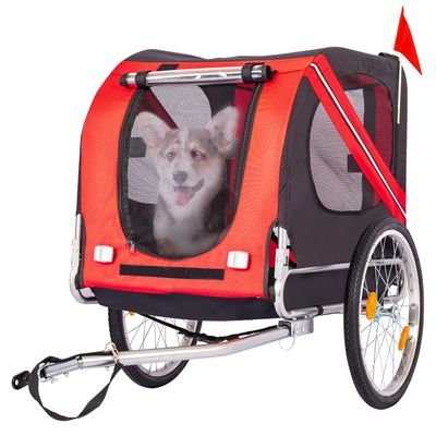 AMZOSS Folding Dog Bike Trailer, Heavy Duty Pet Cart Bicycle Wagon Cargo Carrier Attachment for Travel with Universal Hitch, 3 Doors, Aluminum Wheels, Safety Flag, Easy to Connect & Disconnect,Red