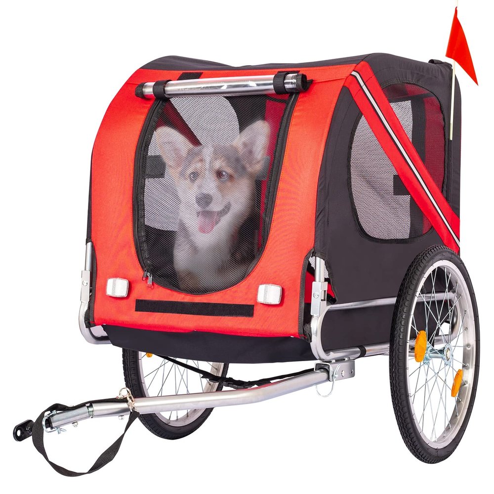 AMZOSS Folding Dog Bike Trailer, Heavy Duty Pet Cart Bicycle Wagon Cargo Carrier Attachment for Travel with Universal Hitch, 3 Doors, Aluminum Wheels, Safety Flag, Easy to Connect & Disconnect,Red