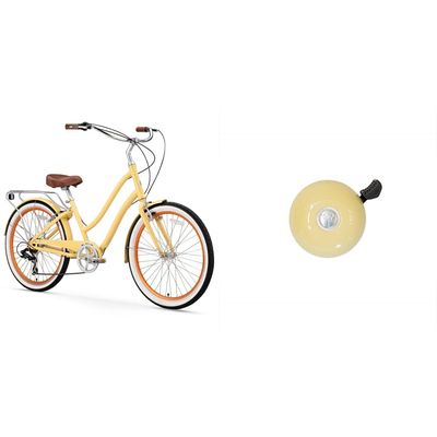 sixthreezero EVRYjourney Women's 7-Speed Step-Through Hybrid Cruiser Bicycle, 26" Wheels with 17.5" Frame, Cream with Brown Seat and Grips, Model:630034 & Firmstrong Classic Beach Cruiser Bicycle Bell