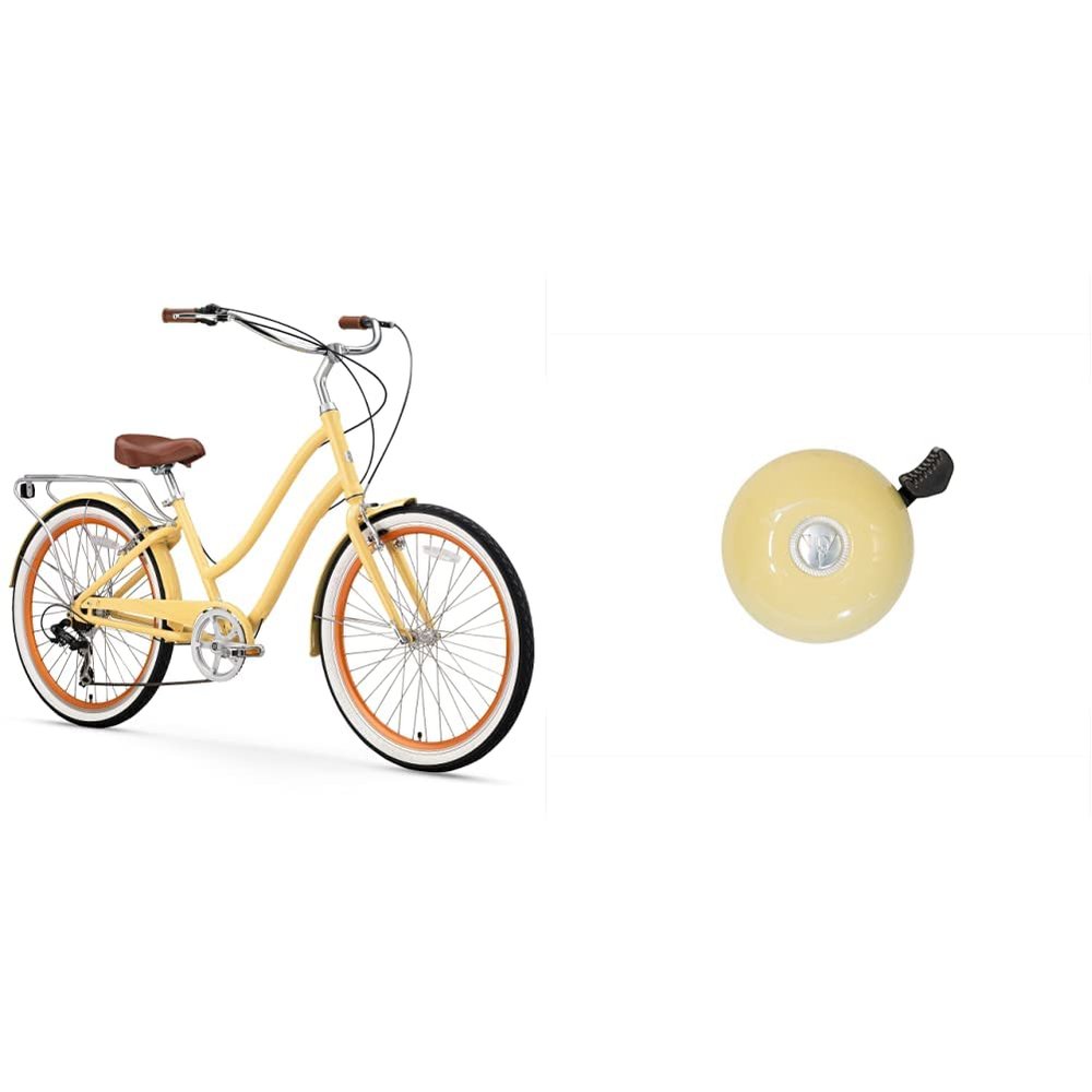 sixthreezero EVRYjourney Women's 7-Speed Step-Through Hybrid Cruiser Bicycle, 26" Wheels with 17.5" Frame, Cream with Brown Seat and Grips, Model:630034 & Firmstrong Classic Beach Cruiser Bicycle Bell