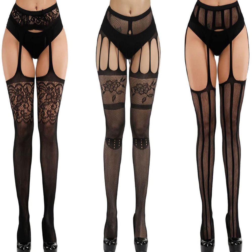3 Pairs Women Classic Style Fishnet Thigh-High Stockings Tights Suspender Pantyhose Stockings for Women Girl (Black A)