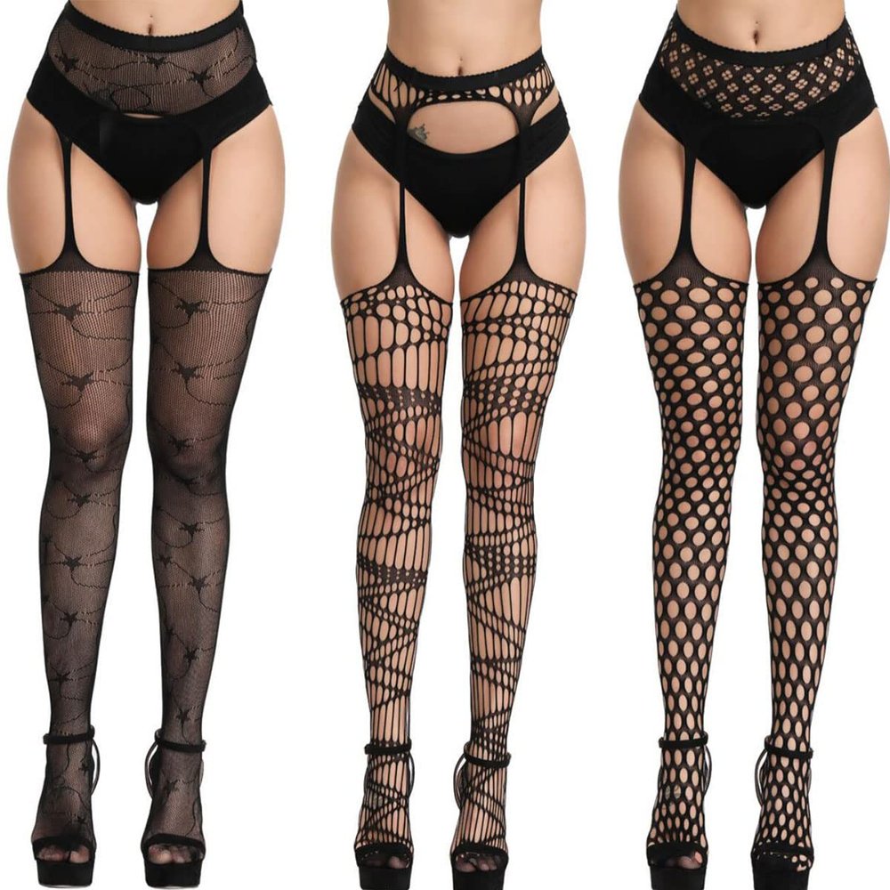 3 Pairs Women Classic Style Fishnet Thigh-High Stockings Tights Suspender Pantyhose Stockings for Women Girl (Black G)