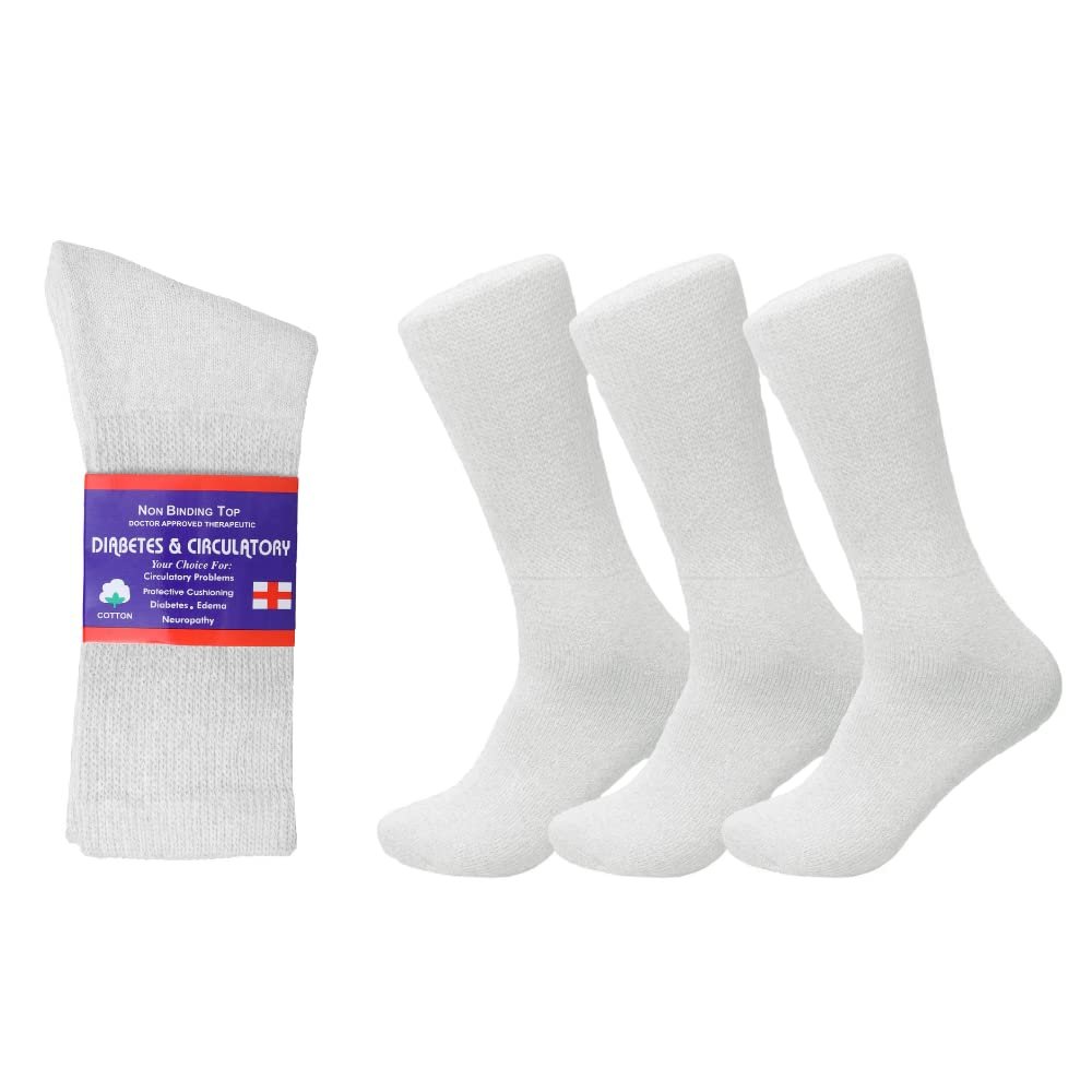 Diamond Star Diabetic Socks, Non-Binding Circulatory Cushion Cotton Crew Diabetic Socks for Men Women 9-11 (3 Pairs White)