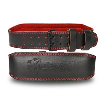 Beast Power Gear Weight Lifting Belt - 4 Genuine Leather For Lower Back Support Bodybuilding Squat Deadlift Cross Strength Training Weightlifting Gym Belt For Men Women (Black/Red, Medium 28" - 33")