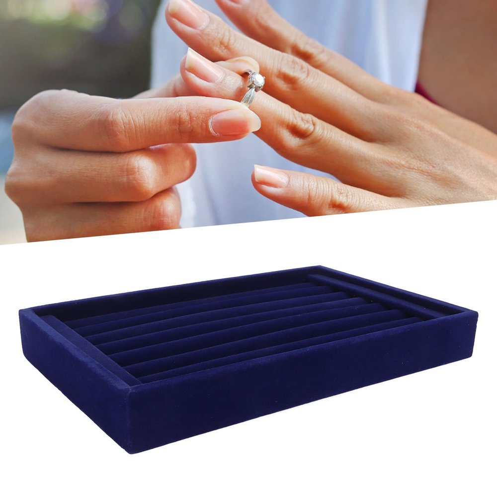 Jewelry Box, Jewelry Storage, 7 Slots Ring Earrings Tray Multifunctional Space Saving Blue Velvet Jewelry Display Case Display Organizer