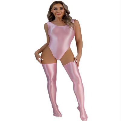 YiZYiF Women's 70D Oil Glossy High Cut Bodysuit One Piece Thong Nylon Tights with Stockings Set Pink Medium
