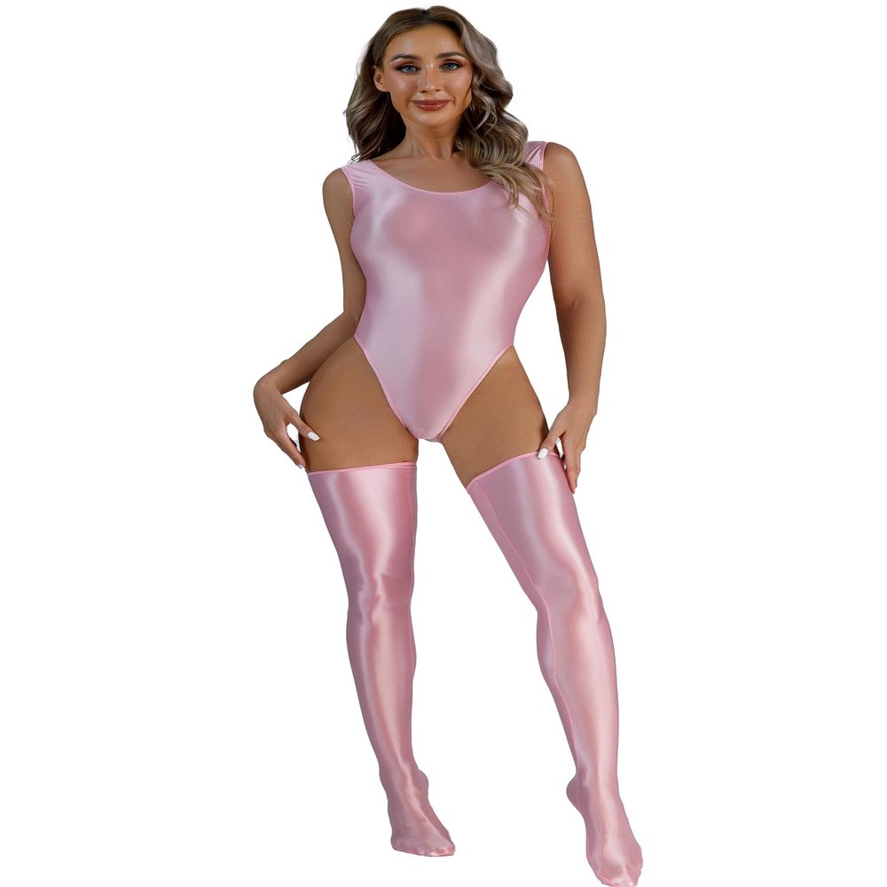 YiZYiF Women's 70D Oil Glossy High Cut Bodysuit One Piece Thong Nylon Tights with Stockings Set Pink Medium