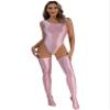 YiZYiF Women's 70D Oil Glossy High Cut Bodysuit One Piece Thong Nylon Tights with Stockings Set Pink Medium view 1