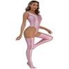 YiZYiF Women's 70D Oil Glossy High Cut Bodysuit One Piece Thong Nylon Tights with Stockings Set Pink Medium view 2