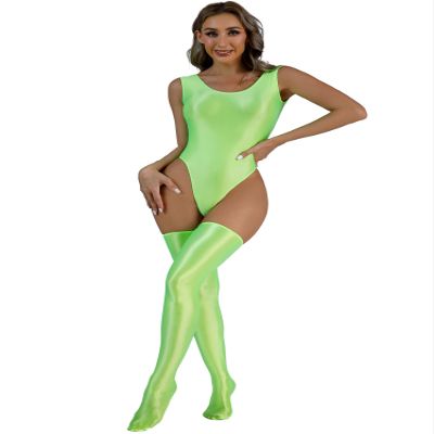 YiZYiF Women's 70D Oil Glossy High Cut Bodysuit One Piece Thong Nylon Tights with Stockings Set Fluorescent Green X-Large