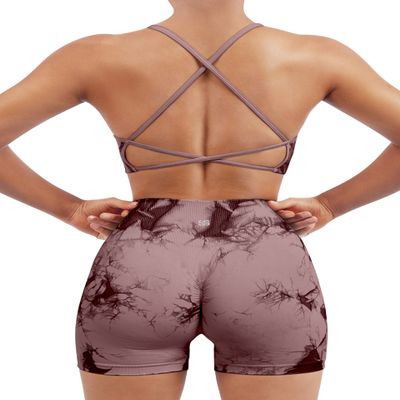 SUUKSESS Women Seamless 2 piece Workout Sets Strappy Padded Sports Bra Booty High Waisted Shorts Outfits (Wine Red Tie Dye,M)