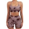 SUUKSESS Women Seamless 2 piece Workout Sets Strappy Padded Sports Bra Booty High Waisted Shorts Outfits (Wine Red Tie Dye,M) view 2